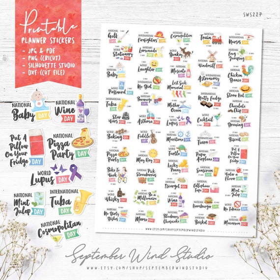 Yearly Holiday Printable Planner Stickers Printable Journal Stickers  Calendar Printable Sticker With Silhouette and Cricut Cut File 