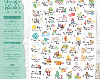 Yearly Holiday Planner Stickers: Printable & Digital (PDF, Cricut, Silhouette Studio, Pre-Cropped PNG for Goodnotes)