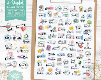 Self Care Printable Planner Stickers, Self Care Digital Stickers, Watercolor Stickers, Pre-Cropped PNG, Printable PDF, Journal Stickers