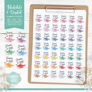 Shark Week Printable Planner Stickers, Period Tracker Stickers, Shark Week Digital Stickers, Pre-Cropped PNG, Printable PDF