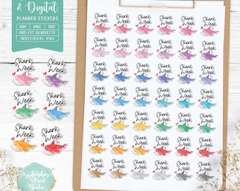 Adesivos para Planejador da Semana do Tubarão: Imprimíveis e Digitais (PDF, Cricut, Silhouette Studio, PNG pré-recortado para Goodnotes)