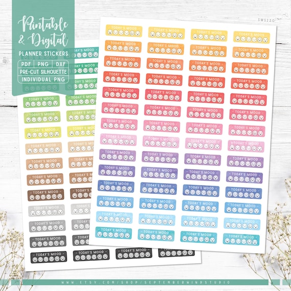 Mood Tracker Planner Stickers: Printable & Digital (PDF, Cricut, Silhouette Studio, Pre-Cropped PNG for Goodnotes)