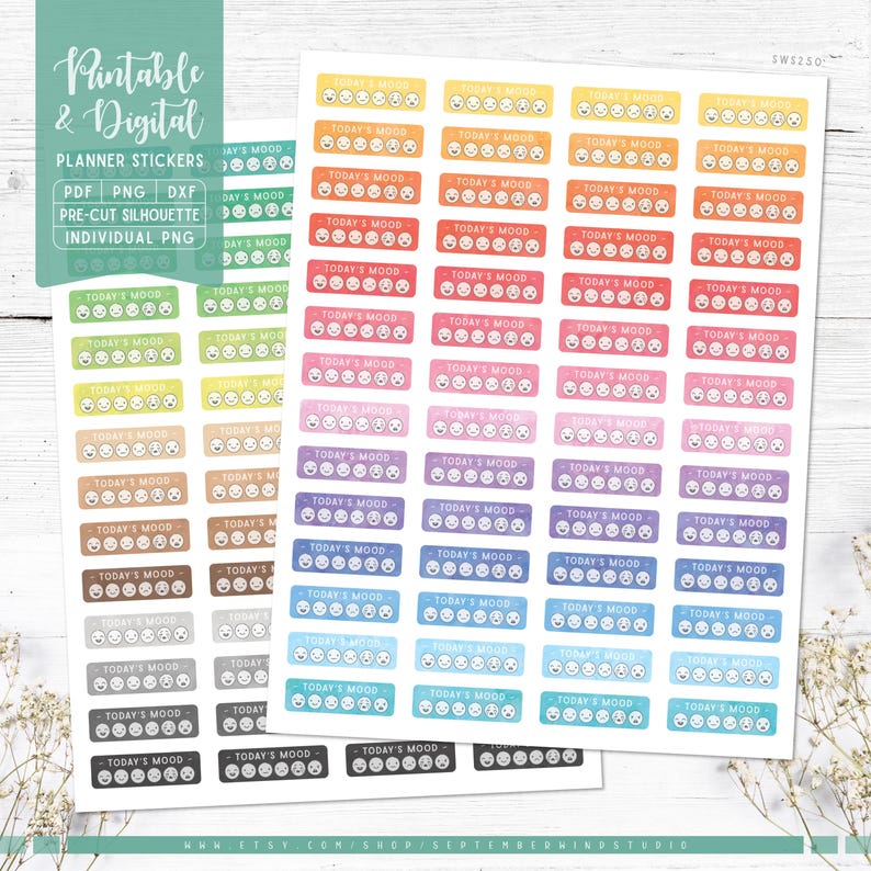 Mood Tracker Planner Stickers: Printable & Digital (PDF, Cricut, Silhouette Studio, Pre-Cropped PNG for Goodnotes) image 1