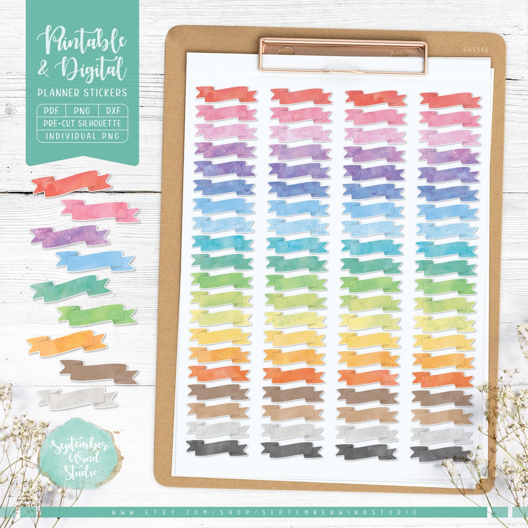 Ribbon Banners Printable Planner Stickers, Watercolor Banner Stickers ...
