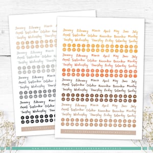 May include: Two sheets of planner stickers with handwritten months, days, and dates. The stickers are in various colors, including orange, gray, and black. The text "ETSY.COM/SHOP/SEPTEMBERWINDSTUDIO" is at the bottom.
