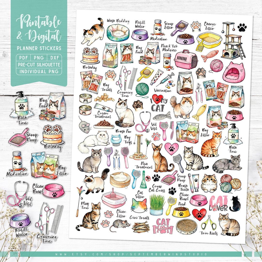 Cat Care Planner Stickers: Printable & Digital (PDF, Cricut, Silhouette ...