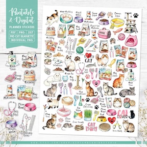 Cat Care Planner Stickers: Printable & Digital (PDF, Cricut, Silhouette Studio, Pre-Cropped PNG for Goodnotes)
