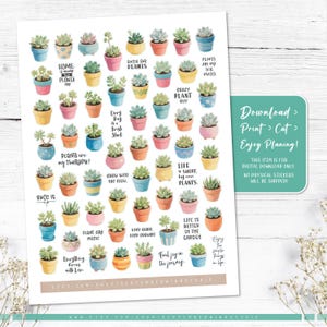 May include: A printable sheet of 36 succulent plant stickers with various sayings about plants. The stickers are in a watercolor style with pink, blue, yellow, and green colors. The text on the stickers includes "Succ it up", "Home is where the plants are", "Every day is a fresh start", "Plants are my therapy", "Grow with the flow", "Life is short, buy more plants", "Plant are magic", "Keep going, keep growing", "Life is better in the garden", "Find joy in the journey", "Enjoy the simple things in life", "Crazy plant guy", "Plants are my soil mates".