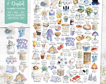 Pegatinas para la lista de deseos de enero: imprimibles y digitales (PDF, Cricut, Silhouette Studio, PNG precortado para Goodnotes)