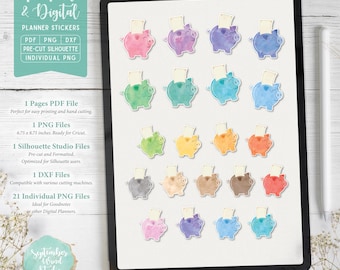 Piggy Bank Planner Stickers: Printable & Digital (PDF, Cricut, Silhouette Studio, Pre-Cropped PNG for Goodnotes)