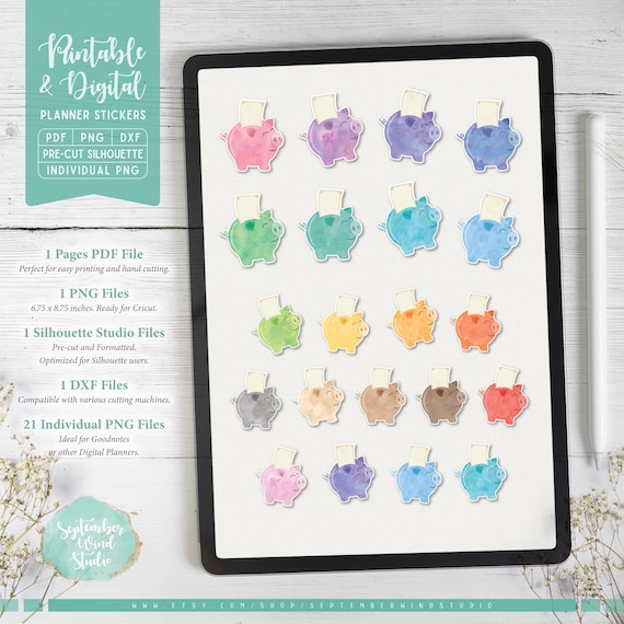 Piggy Bank Planner Stickers: Printable & Digital (PDF, Cricut, Silhouette Studio, Pre-Cropped PNG for Goodnotes)