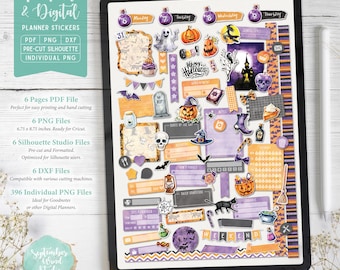 Spooky Halloween Planner Stickers: Printable & Digital (PDF, Cricut, Silhouette Studio, Pre-Cropped PNG for Goodnotes)