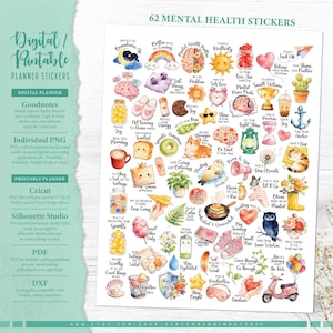 Könnte beinhalten: Ein digitaler Bogen mit 62 Aufklebern zum Thema psychische Gesundheit, die Aquarellillustrationen von Tieren, Lebensmitteln, Pflanzen und motivierenden Sprüchen wie Mental Health Matters, Stay Hydrated und Shine On zeigen.