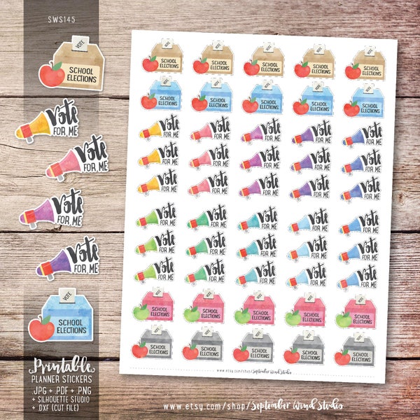 School Elections Printable Planner Stickers, Vote for Me Stickers, Watercolor School Council Stickers, Erin Condren, Cut File