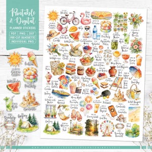 Puede incluir: Una hoja de pegatinas de planificador imprimibles y digitales con ilustraciones de verano. Incluye imágenes de un sol, sandía, helado, escenas de playa y texto como "Celebrate Summer", "Picnic" y "Pool Party".
