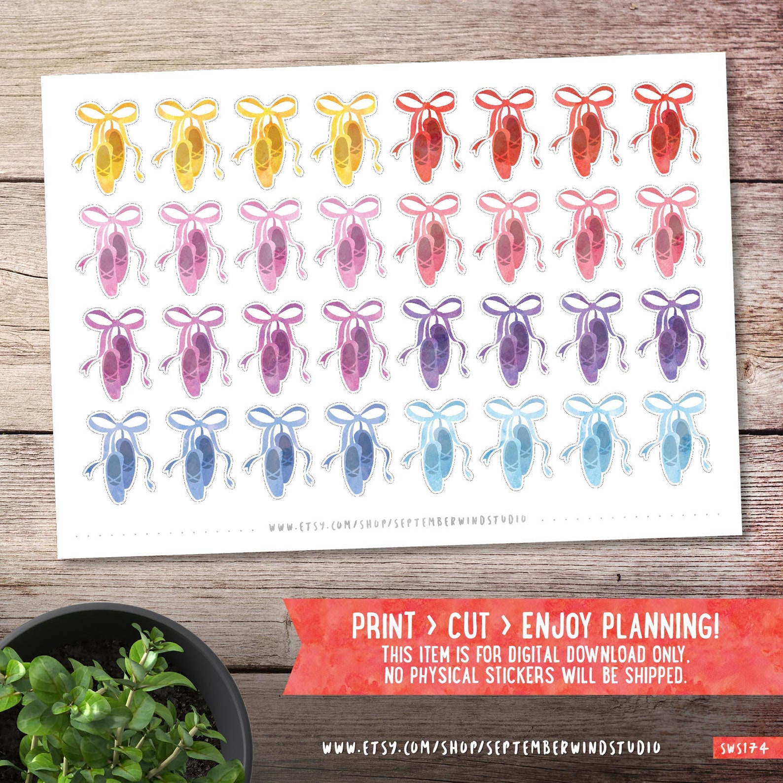 ballet shoes printable planner stickers, ballet shoe stickers, watercolor planner stickers, erin condren planner stickers, cut f