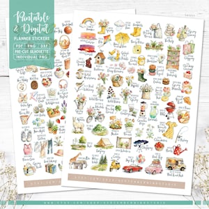 Puede incluir: Dos hojas de pegatinas para planificador con temática de primavera. Las pegatinas presentan varias ilustraciones, incluyendo flores, comida, animales y actividades. El texto incluye "Printable & Digital Planner Stickers" e información de la tienda Etsy.