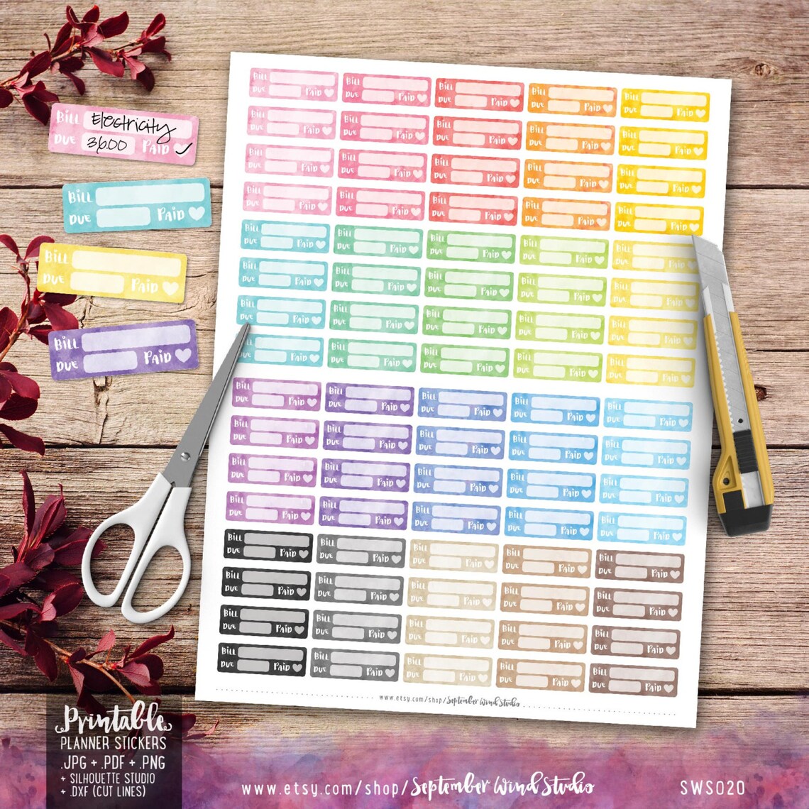 Bill Due Printable Planner Stickers Watercolor Bill Due - Etsy