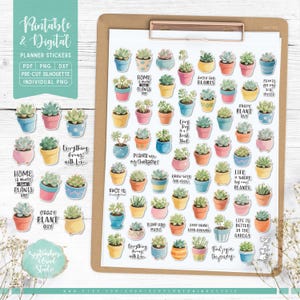 Adesivos para plantas suculentas para impressão e planejamento digital, adesivos para plantas em vasos, PDF para impressão, Cricut PNG, PNG individual, adesivos para diário