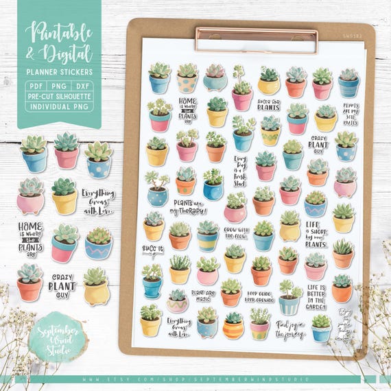 Succulent Plants Stickers: Printable & Digital (PDF, Cricut, Silhouette Studio, Pre-Cropped PNG for Goodnotes)