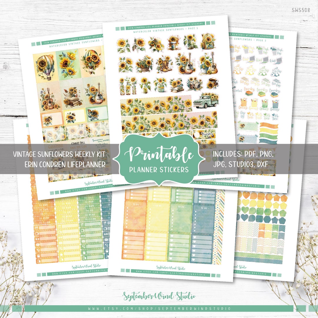 Vintage Sunflowers Printable Planner Stickers, Vertical Weekly Kit ...