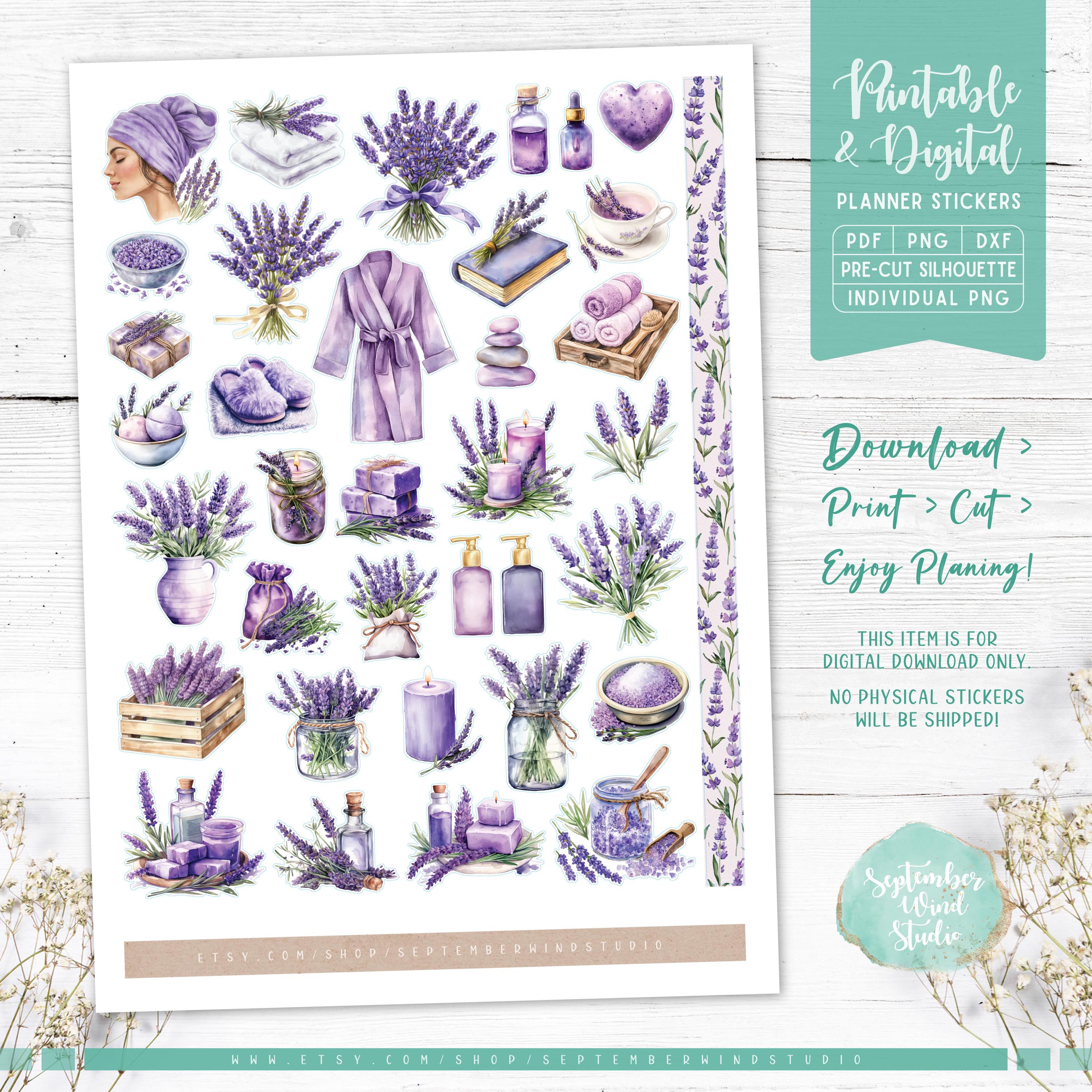 Lavender Spa Planner Stickers: Printable & Digital (PDF, Cricut ...
