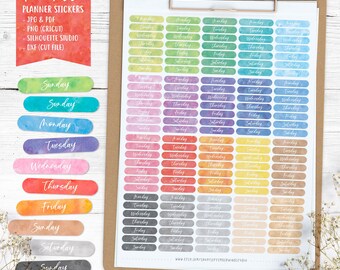 Tage der Woche druckbare Planner Aufkleber, Datum Cover Aufkleber, Aquarell Aufkleber, Erin Condren Planner Aufkleber