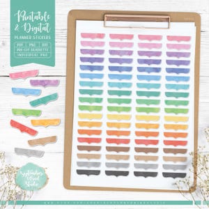 May include: A sheet of printable planner stickers with a watercolour design. The stickers are in a variety of colours, including pink, purple, blue, green, yellow, orange, red, brown, grey, and black. The stickers are pre-cut and have a white outline.