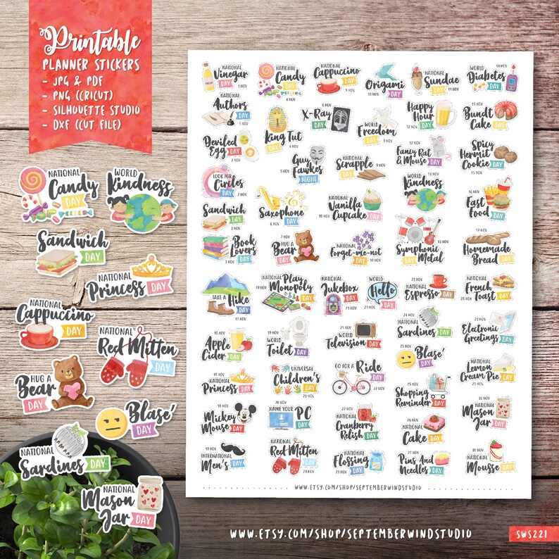 November Wacky Holidays Printable Planner Stickers Watercolor Etsy