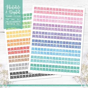 May include: A sheet of printable planner stickers with numbers 1-51 in white text on colorful watercolor-style flags. The stickers are pre-cut and come in a variety of colors, including pink, purple, blue, green, orange, red, brown, gray, and black.