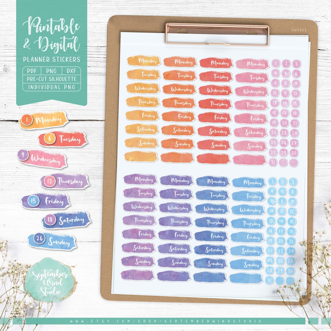Date Cover Planner Stickers: Watercolor Days (printable & Digital) - Etsy