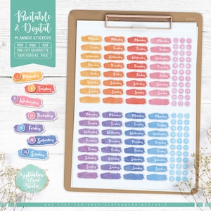 Datum Cover druckbare Aufkleber, digitale Aufkleber, Aufkleber für Wochentage, zugeschnittene PNG-Dateien, druckbare PDF-Dateien, Silhouette- und Cricut-Dateien