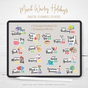 March Wacky Holidays Digital Planner Stickers, GoodNotes Stickers, Pre-recortados Digital Stickers