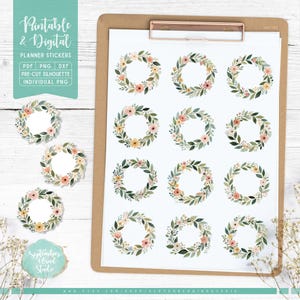 Bloemenkrans afdrukbare en digitale plannerstickers, lauwerkrans, afdrukbare pdf, Cricut png, individuele png, dagboekstickers, goodnotes
