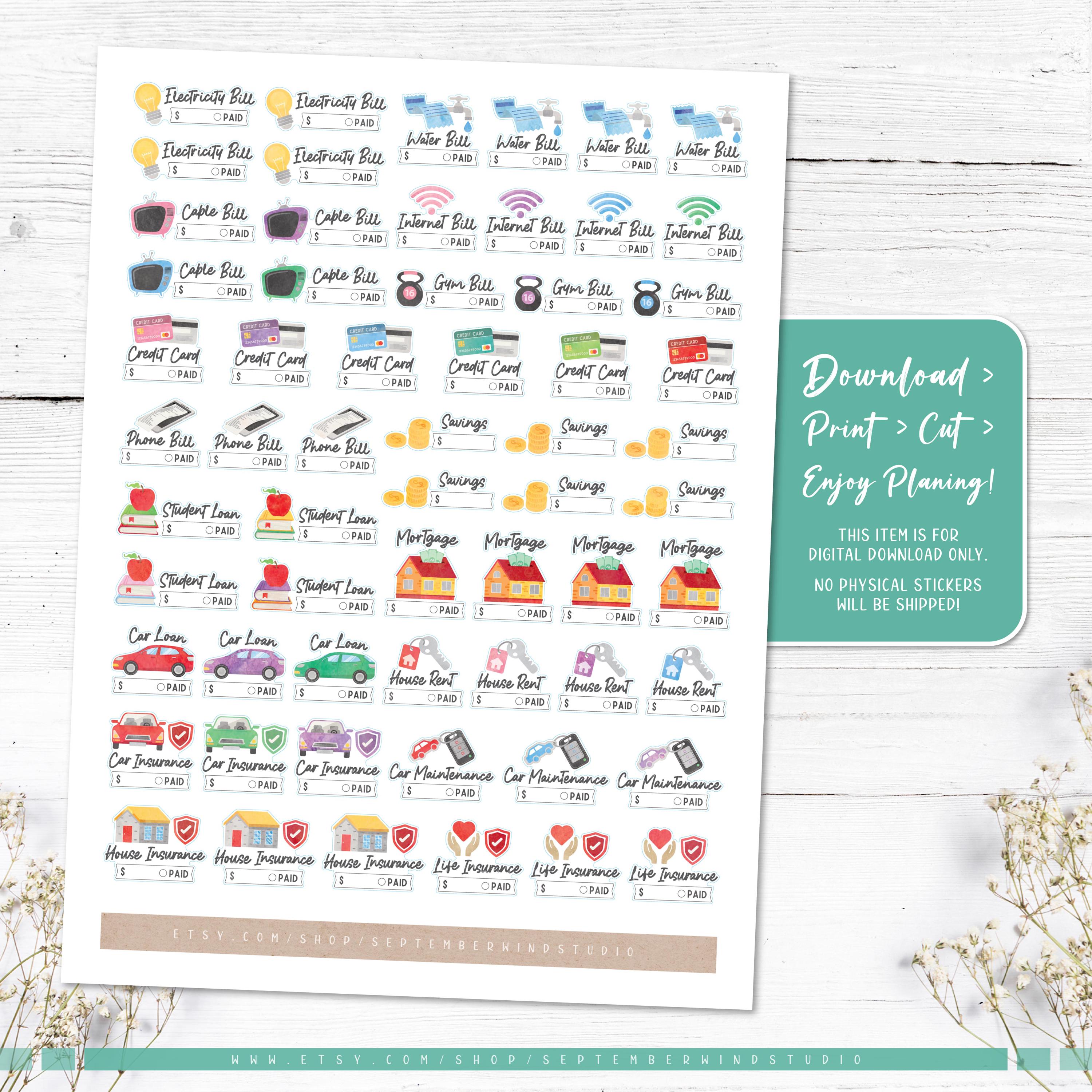 Bills Planner Stickers: Printable & Digital (PDF, Cricut, Silhouette ...