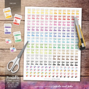 Pill Bottle Printable Planner Stickers, Pill Stickers, Medication Stickers, Watercolor Stickers, Erin Condren Planner Stickers, Cut File