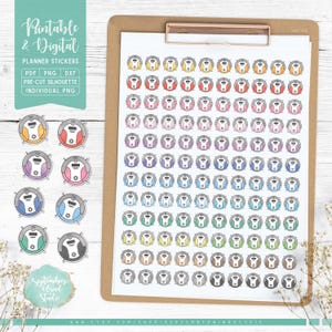 May include: A collection of planner stickers featuring a robot vacuum cleaner design in various colors, including yellow, red, pink, purple, blue, green, and gray. The stickers are arranged on a clipboard with the text "Printable & Digital Planner Stickers".