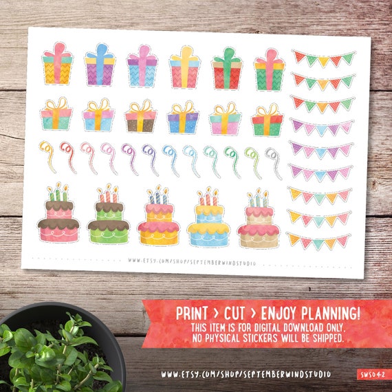 Pastel Birthday Planner Stickers,printable Planner Stickers,ec Planner  Sticker Kit,cupcake Stickers,happy Birthday Kit, Party Stickers 