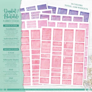 Może przedstawiać: Kolekcja cyfrowych i drukowanych naklejek do planera z akwarelowymi teksturami w odcieniach różu i fioletu. Arkusze zawierają różne prostokątne etykiety, listy kontrolne i trackery z tekstem takim jak Daily Check-in, To Do oraz Grocery List.