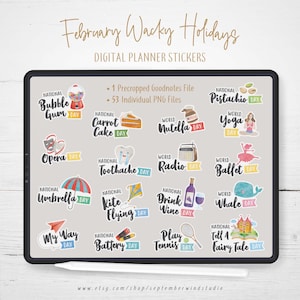 Febrero Wacky Holidays Digital Planner Stickers, GoodNotes Stickers, Pre-recortados Digital Stickers