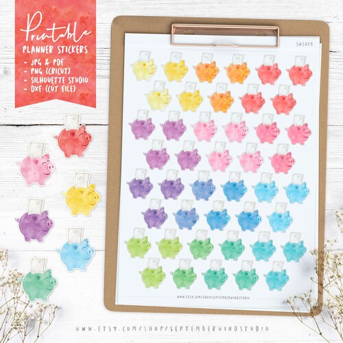 Piggy Bank Saving Printable Planner Stickers Watercolor Piggy - Etsy