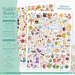 Puede incluir: Una colección de pegatinas digitales para agenda en estilo acuarela que presenta varios iconos, incluyendo comida, equipo de fitness, artículos para el hogar, accesorios de viaje y objetos de estilo de vida, con etiquetas de texto para cada diseño.