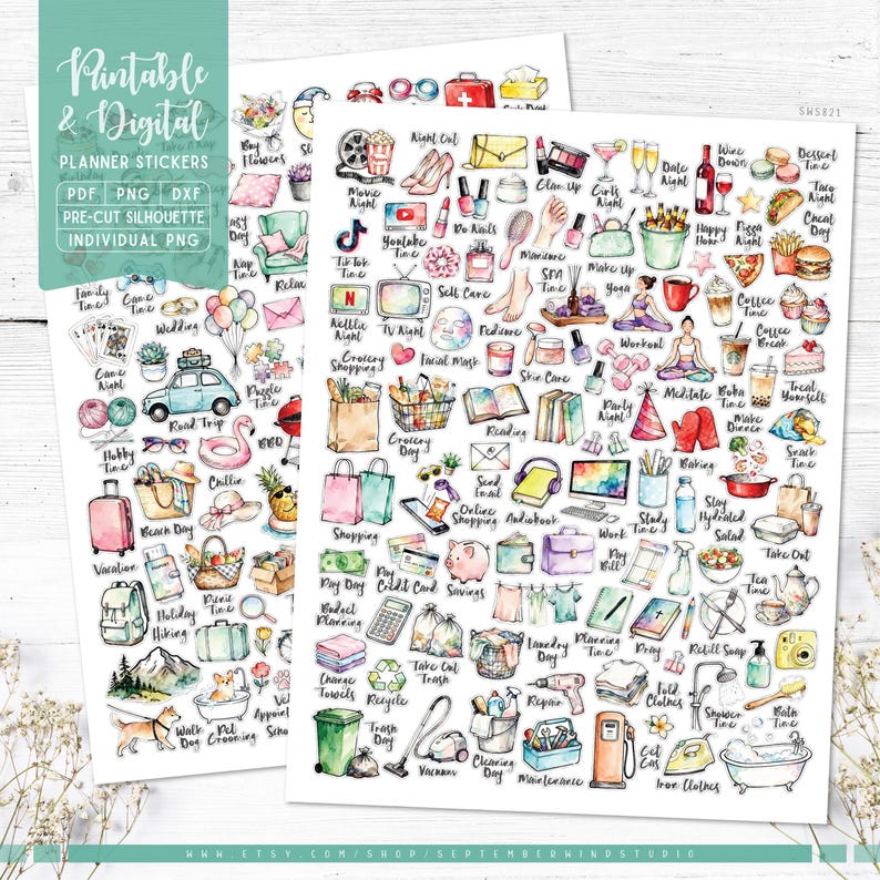 Pegatinas para agendas diarias: imprimibles y digitales (PDF, Cricut, Silhouette Studio, PNG precortado para Goodnotes) imagen 1
