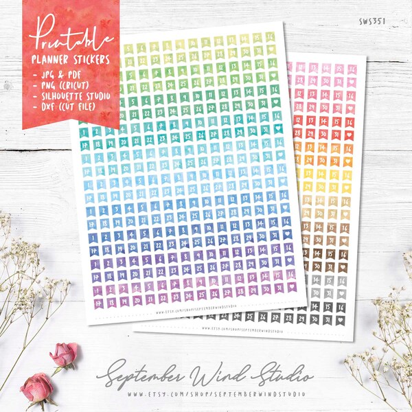 Date Flags Printable Planner Stickers, Date Cover Watercolor Stickers, Date Stickers, Erin Condren Planner Sticker, Cut File