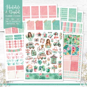 Rosa & Minze Sommer druckbare und digitale Planer-Aufkleber, Wochenplaner, druckbares PDF, Cricut PNG, individuelle PNG, Goodnotes