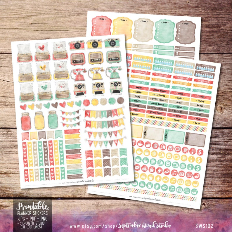 Retro Printable Planner Stickers, Weekly kit, Printable Stickers, Vintage Printable Planner Stickers, Printable Weekly Kit, Cut File 