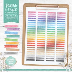 Puede incluir: Un conjunto de 40 pegatinas de planificador de acuarela en varios colores. Las pegatinas tienen forma de pancarta y están precortadas. Las pegatinas están disponibles en formatos PDF, PNG y DXF.