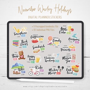 November Wacky Holidays Digital Planner Stickers, GoodNotes Stickers, Pre-cropped Digital Stickers