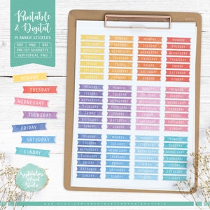 Tage der Woche druckbare Planner Aufkleber, Datum Cover Planner Aufkleber, Aquarell Aufkleber, Erin Condren Planner Aufkleber