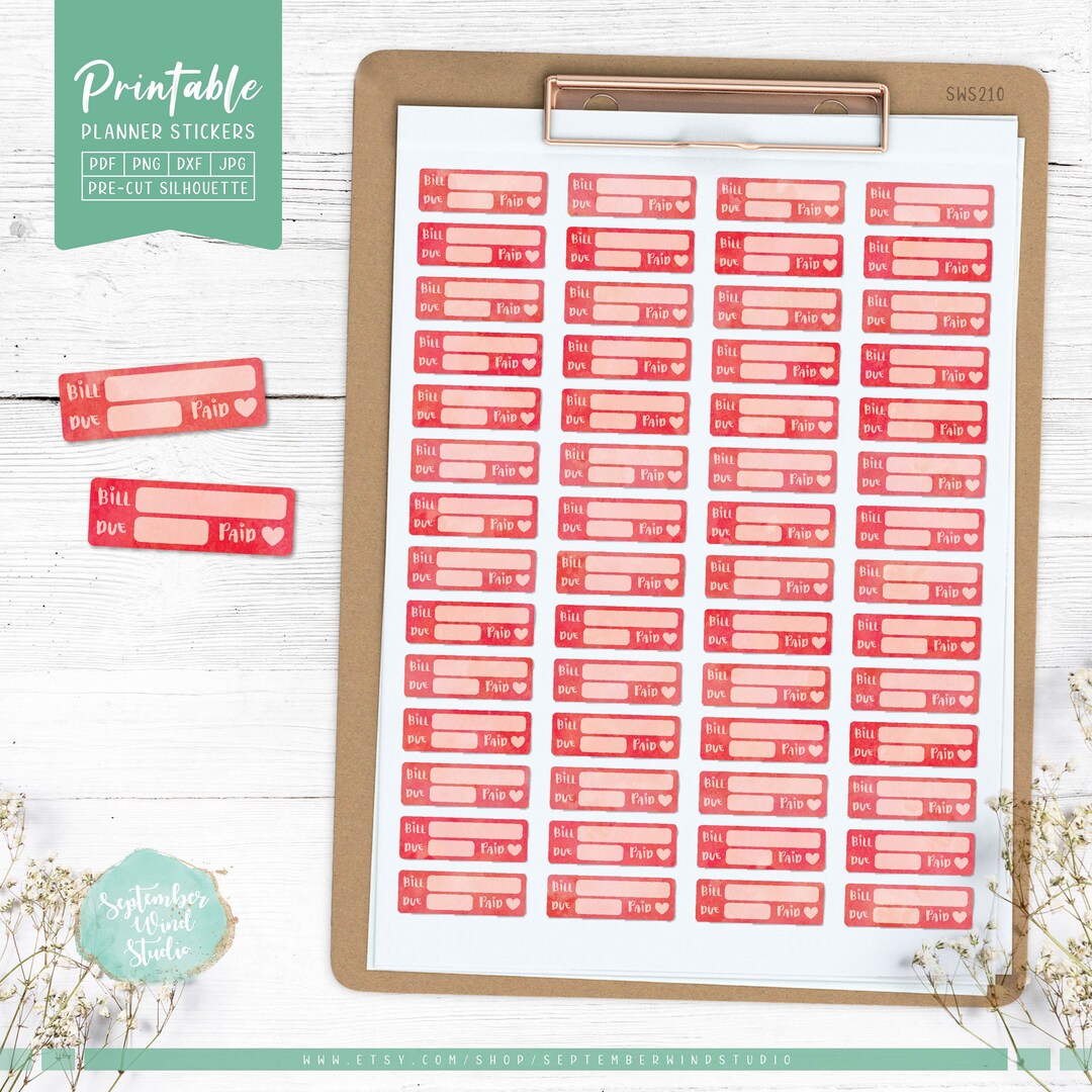 Bill Due Printable Planner Stickers, Watercolor Bill Due Stickers, Erin ...